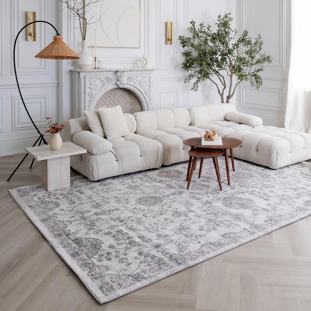 Tapis d'interieur classique Atlas Rug Branch, beige gris, motif floral - Salon, chambre, salle a manger et cuisine
