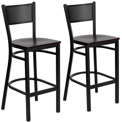 Lot de 2 pièces - Tabouret de bar de la série HERCULES en métal noir à dossier grille - siège en bois d'acajou