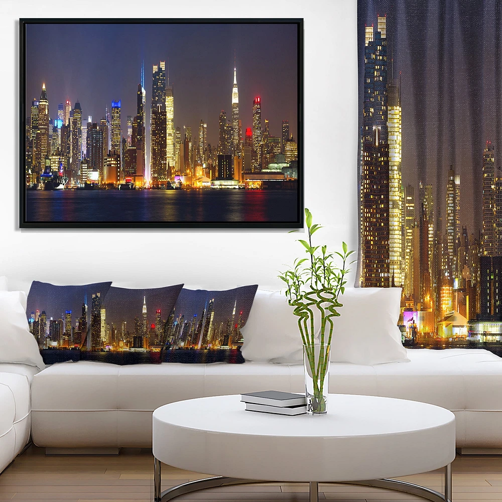 Design Art New York Skyline at Night Framed Canvas Art Print