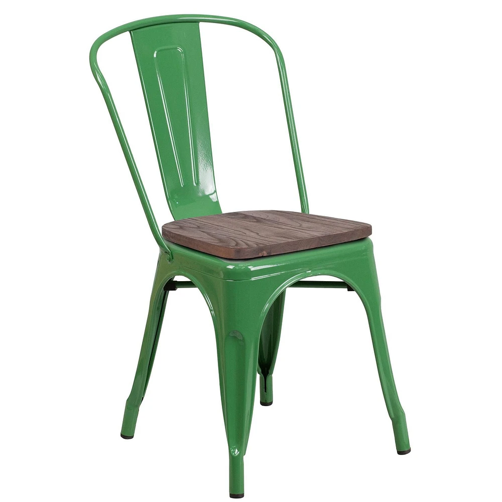Lot de 4 pièces - Chaise empilable en métal vert avec siège en bois