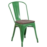 Lot de 4 pièces - Chaise empilable en métal vert avec siège en bois