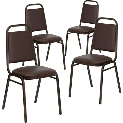 Lot de 4 pièces - Chaise de banquet empilable de la série HERCULES à dossier trapèze en vinyle brun - Cadre veine de cuivre