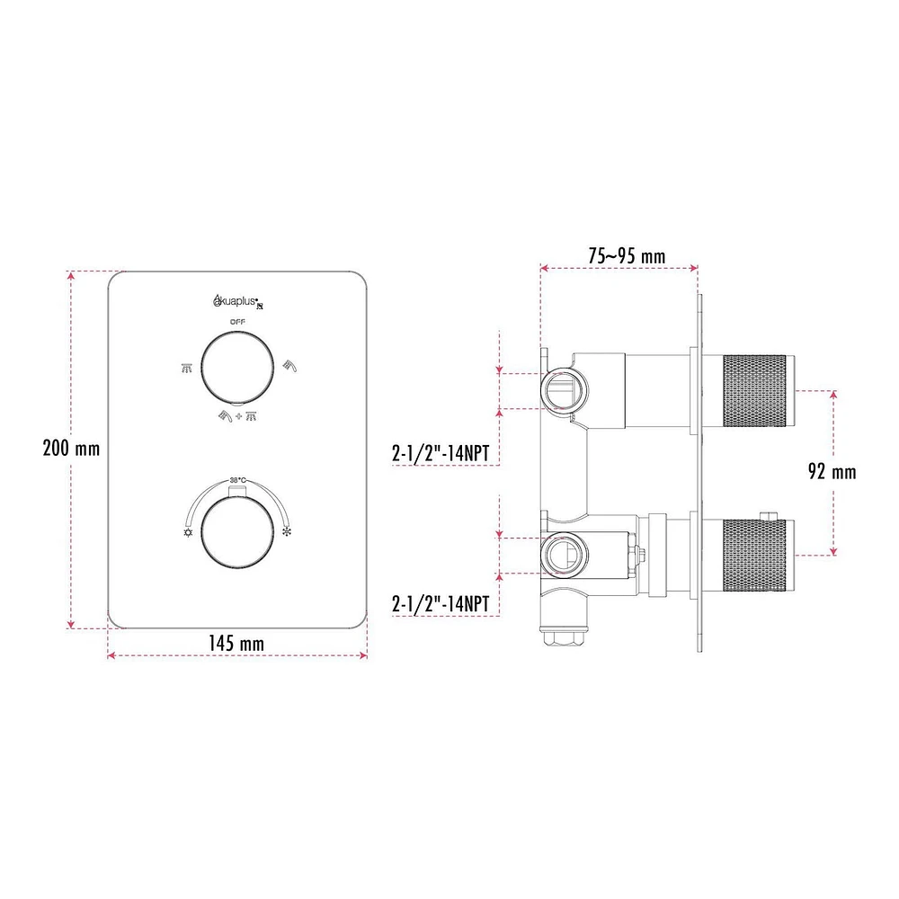 Valve thermostatique carrée 3 fonctions, Douchette magnétique, bec de bain ou simultanément, fini chrome