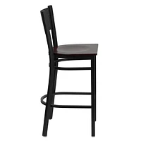 2 Pk. HERCULES Series Black Grid Back Metal Restaurant Barstool - Mahogany Wood Seat