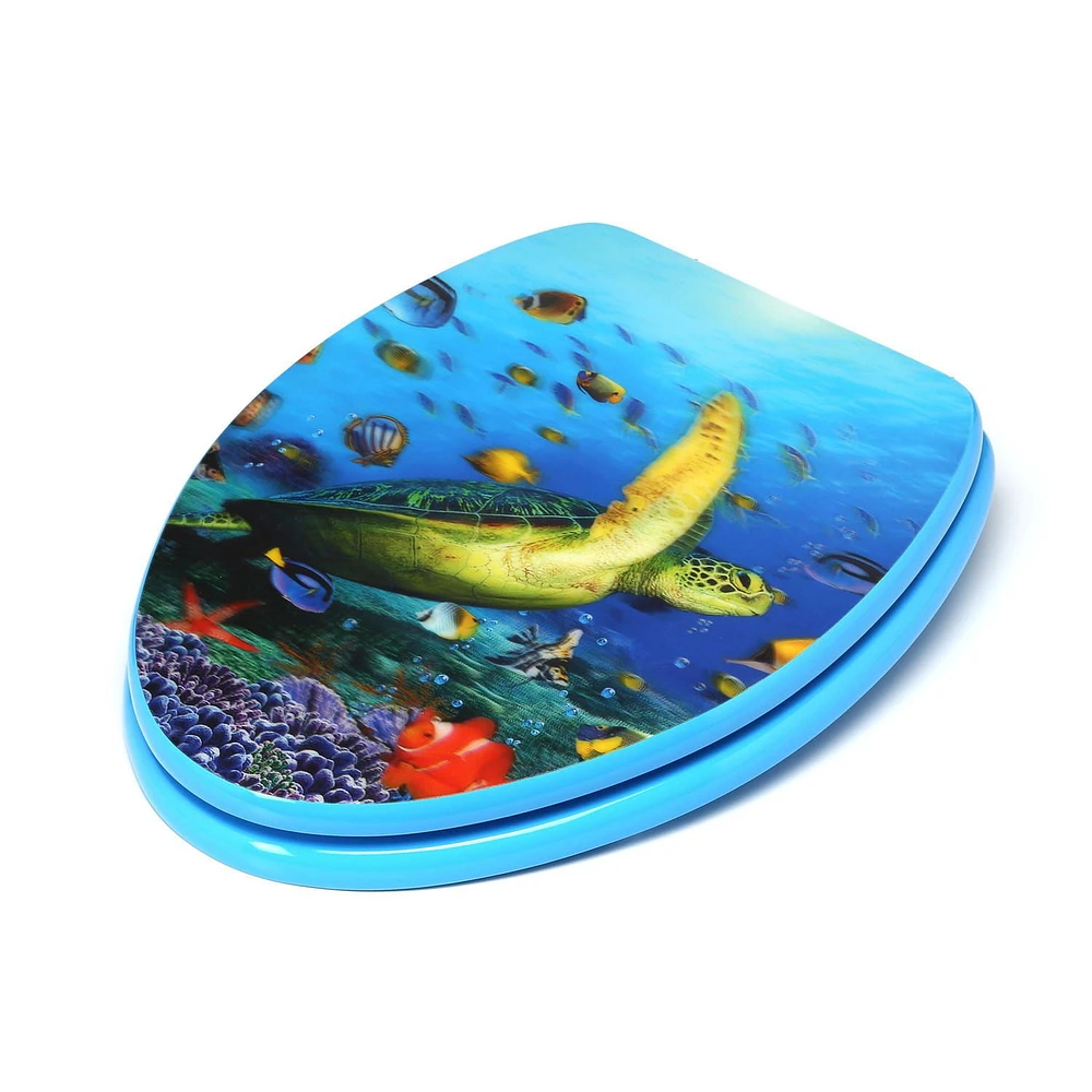 TopSeat High Res 3D Image Sea Turtle Elongated Regular Lid Closure Chromed Metal Hinges Toilet Seat