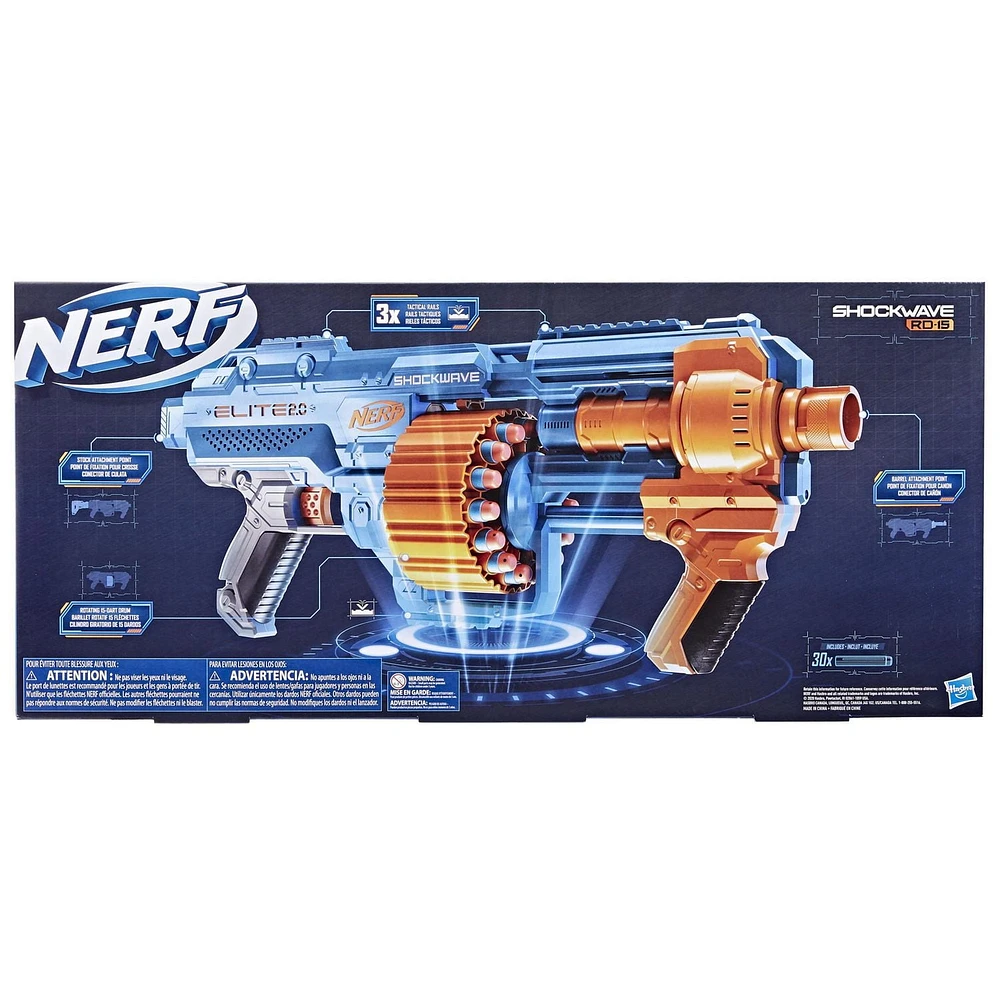 Nerf Elite 2.0 Shockwave RD-15 Blaster, 30 Nerf Darts, 15-Dart Rotating Drum, Pump-Action Slam Fire, Built-In Customizing Capabilities