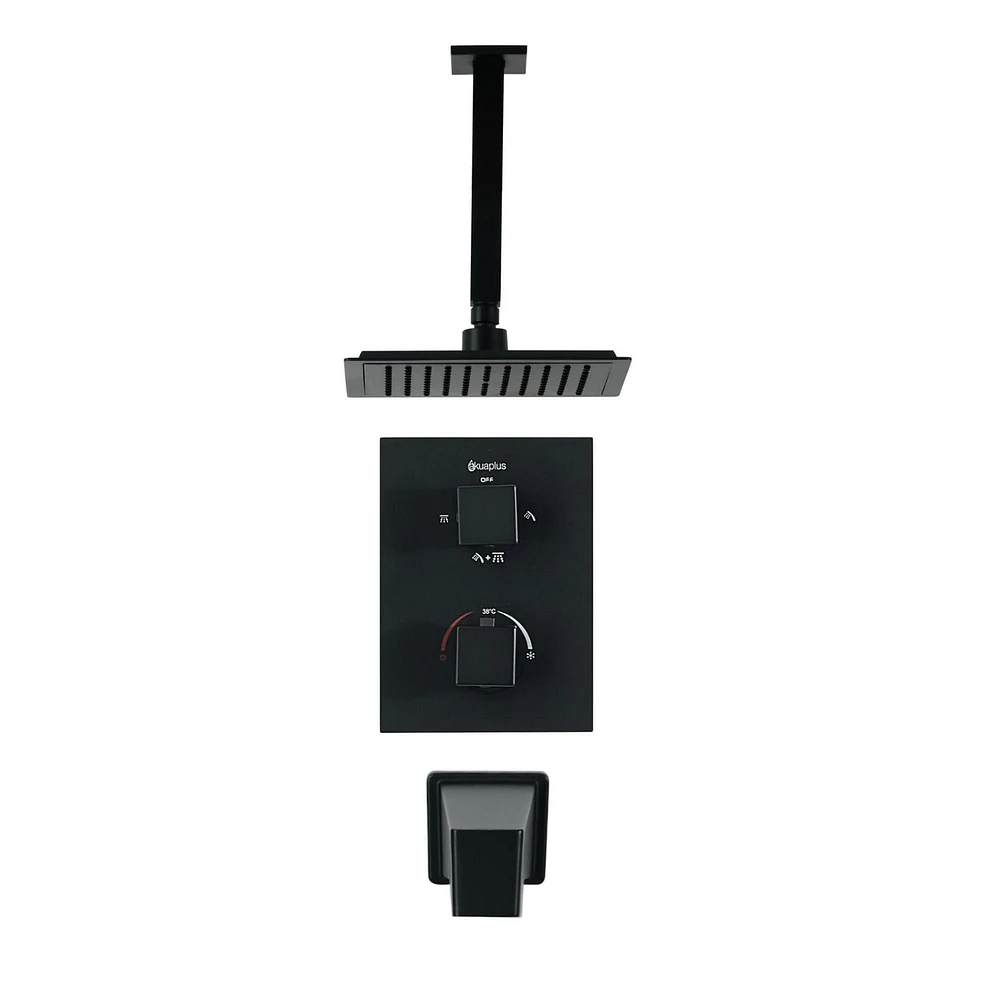Valve thermostatique carrée 3 fonctions, pommeau, bec de bain ou simultanément, fini noir mat