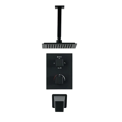 Valve thermostatique carrée 3 fonctions, pommeau, bec de bain ou simultanément, fini noir mat