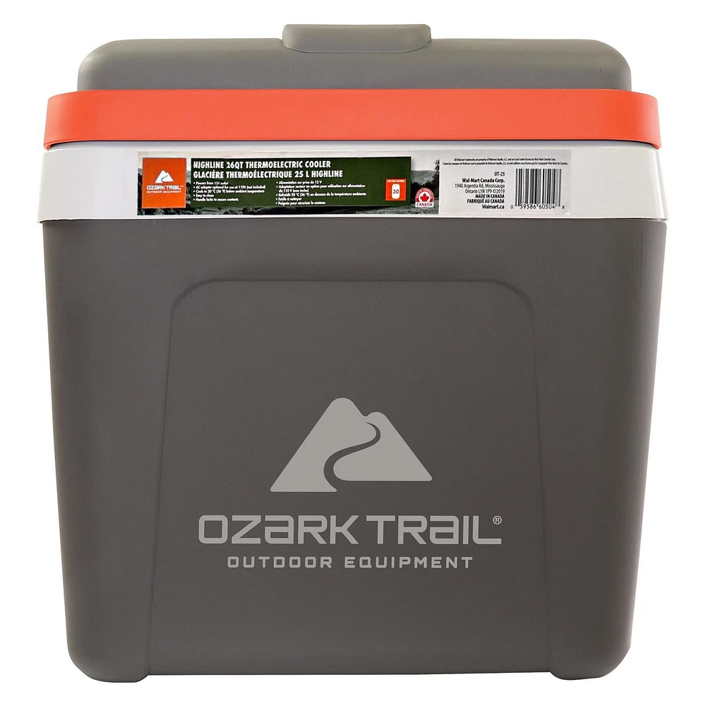 Glacière thermoélectrique Ozark Trail 26 pintes, glacière de voyage portable, Highline 12 V sans glace 30 canettes, gris