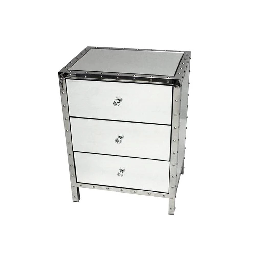 Neyri Mirrored Nightstand, Mirrored Nightstand, Bedroom Nightstand, MDF Nightstand, Mirrored Bedside Table, Silver Nightstand, Three Drawer Nightstand with Clear Knobs