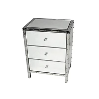 Neyri Mirrored Nightstand, Mirrored Nightstand, Bedroom Nightstand, MDF Nightstand, Mirrored Bedside Table, Silver Nightstand, Three Drawer Nightstand with Clear Knobs