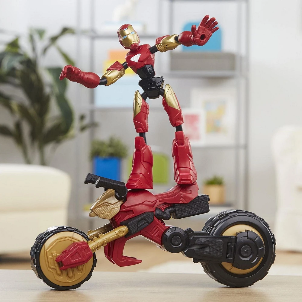 Marvel Bend and Flex, Flex Rider Iron Man figurine articulée flexible de 15 cm avec moto 2 en 1, pour enfants à partir de 4 ans