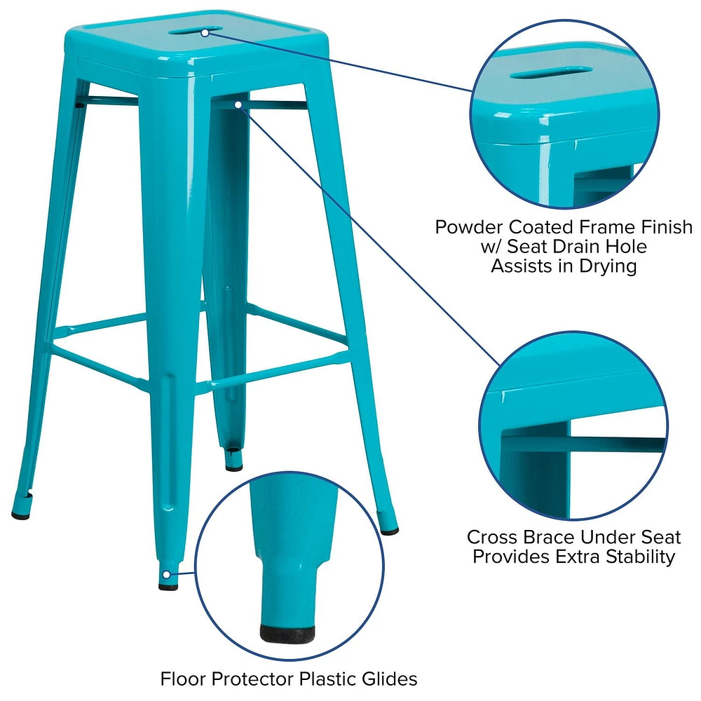 Tabouret de bar de qualité commerciale, de 30 po sans dossier en bleu-sarcelle cristal pour l'intérieur et l'extérieur - 4 pièces