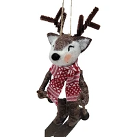 Holiday Time wool polyester Skiing Reindeer ornament - Brown / White / Red