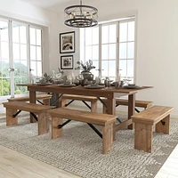 Ensemble de table de campagne pliante rustique antique de 8 pi x 40 po de la série HERCULES et 6 bancs
