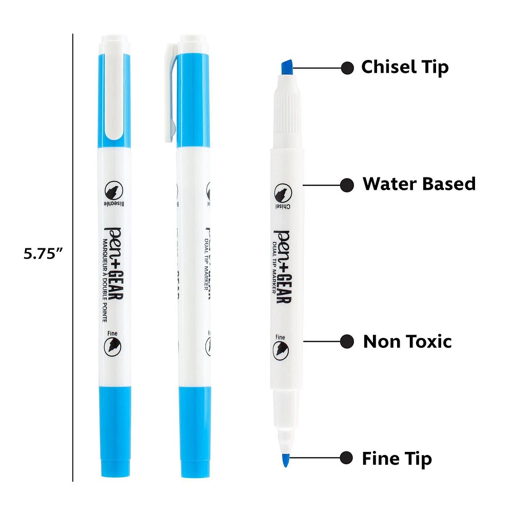 Pen+Gear Fine & Chisel Dual-Tip Markers, Assorted Ink Colors, 24 Count