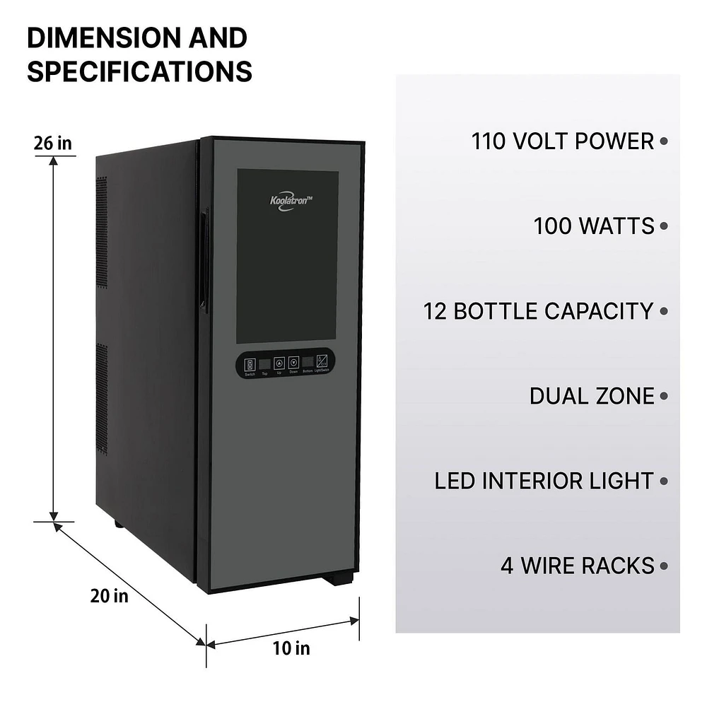 Koolatron 12 Bottle Dual Zone Wine Cooler Freestanding, Wine Fridge, Double Paned Tempered Glass Door for Reds, Whites, Rose and Sparkling Wine