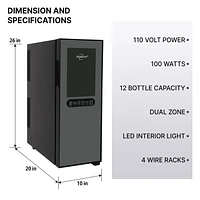 Koolatron 12 Bottle Dual Zone Wine Cooler Freestanding, Wine Fridge, Double Paned Tempered Glass Door for Reds, Whites, Rose and Sparkling Wine