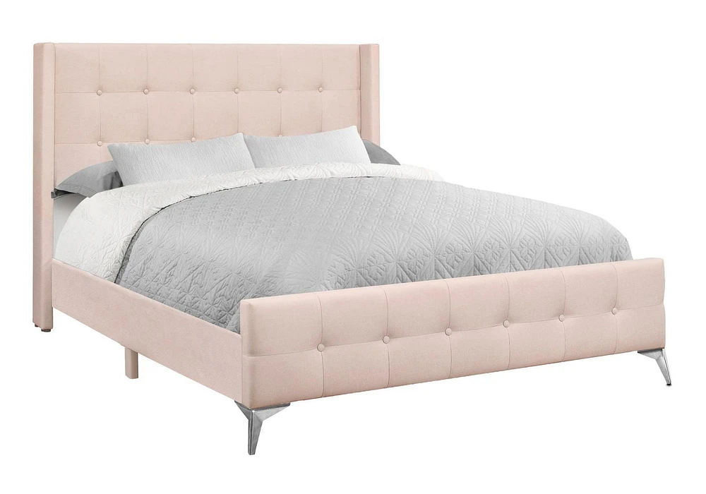 Monarch Specialties  Lit, Grand, Chambre À Coucher, Rembourré, Velours Rose, Pieds En Métal Chromé