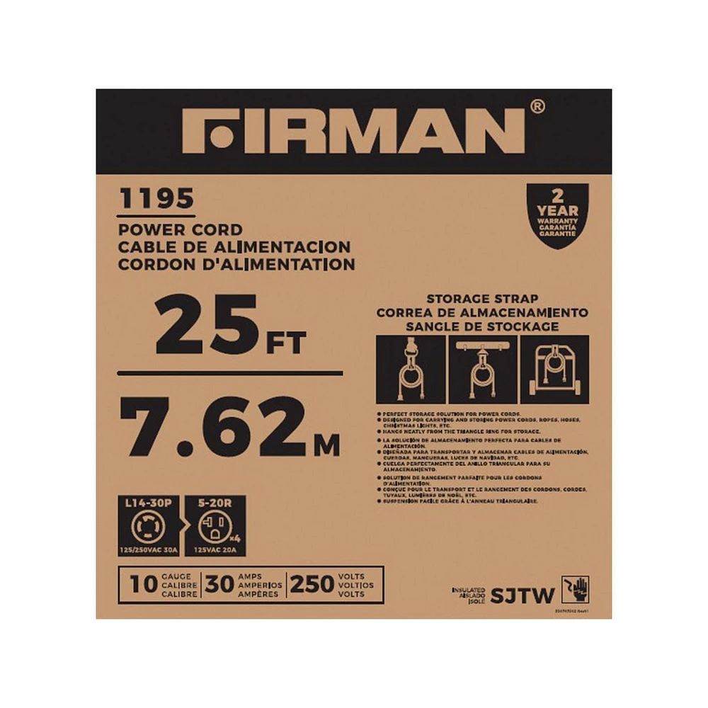 FIRMAN Heavy Duty L14-30P to (4) 5-20R 25' Cord