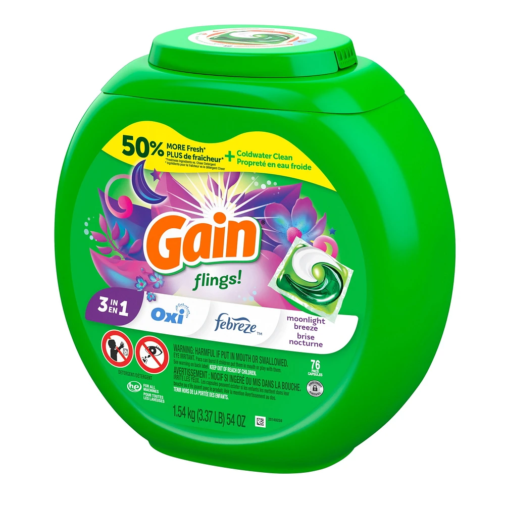Capsules de détergent à lessive Gain Flings, capsules de détergent HE 3 en 1 avec Oxi Boost et Febreeze, parfum Brise nocturne 76CT