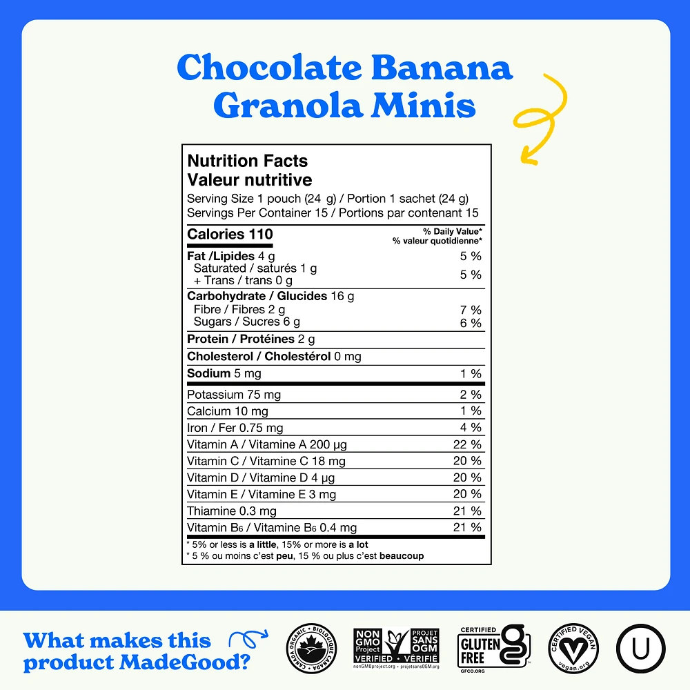 MadeGood Chocolate Banana Granola Minis 15pk, 15 x 24 g