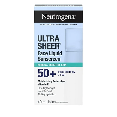 Neutrogena Ultra Sheer Face Liquid Mineral Sunscreen, Lightweight, Broad Spectrum SPF 50+ Facial Sunscreen for Sensitive Skin Leaves a Silky, Non-Greasy Finish, Oxybenzone-Free, 40 mL