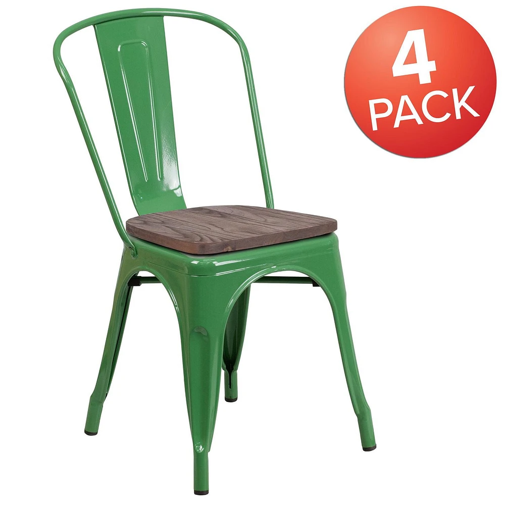 Lot de 4 pièces - Chaise empilable en métal vert avec siège en bois