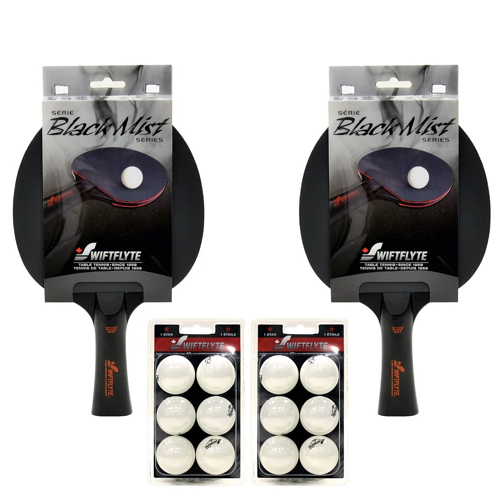 Ensemble de raquettes et balles de tennis de table/ping-pong Swiftflyte™ Black Mist - Comprend 2 raquettes à contrôle élevé et 12 balles