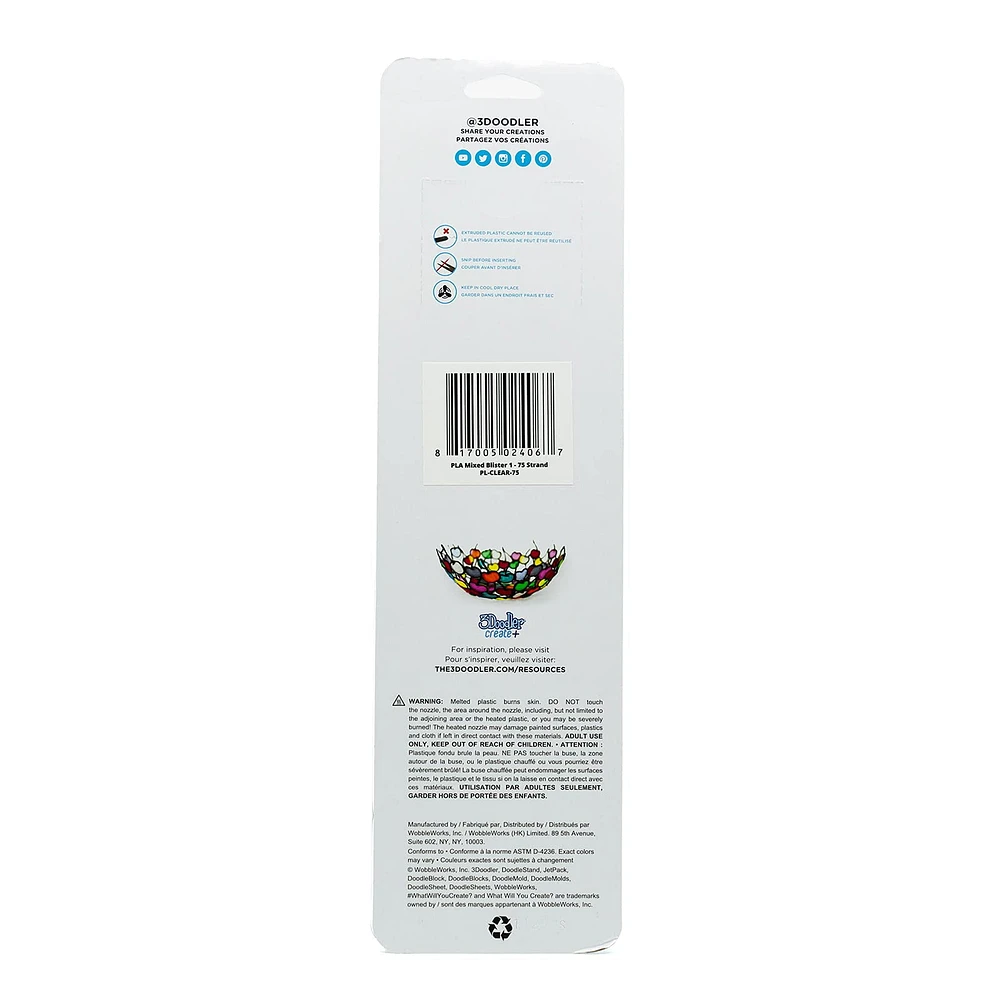 3Doodler Create+ PLA Plastic Refill Kit - Bleu/Clear/Blanc - 75 Pack