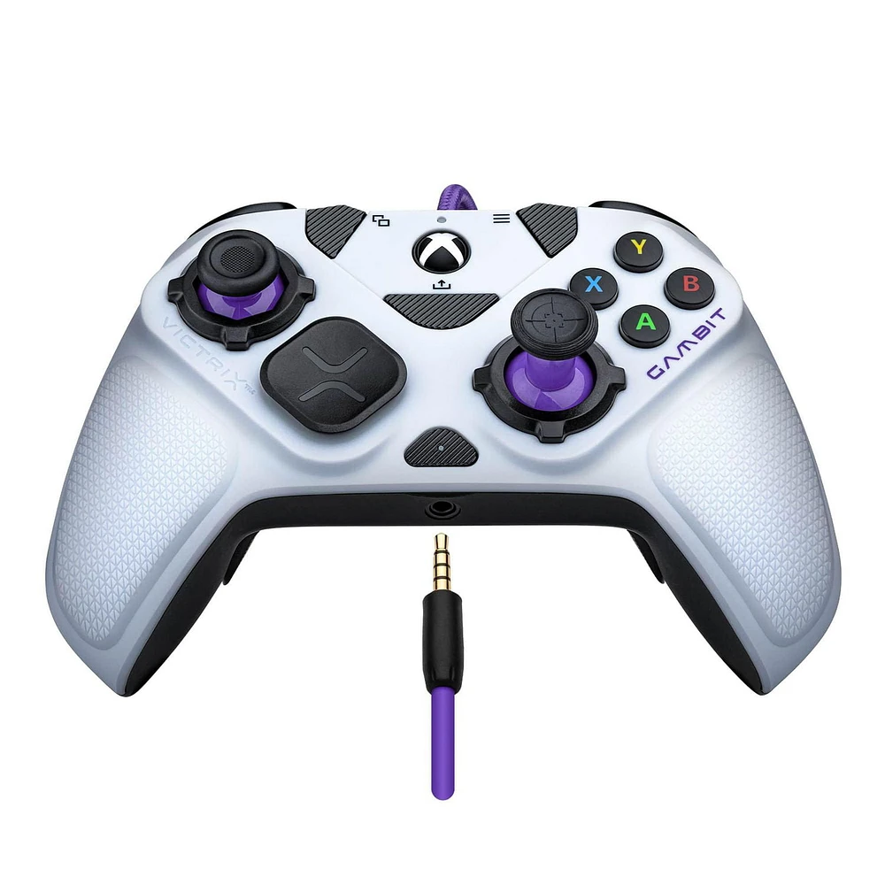 Victrix Gambit World's Fastest Licensed Xbox Controller for Xbox One, Series X|S – PC Compatible - Elite Esports Design with Custom Paddles, Swappable Pro Thumbsticks & White / Purple Faceplates
