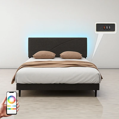 Homy Casa Lit Plateforme Rembourré avec Éclairage LED, Station de Charge USB, Tête de Lit Réglable, Sans Sommier Requis
