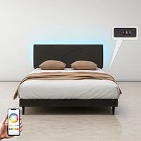 Homy Casa Lit Plateforme Rembourré avec Éclairage LED, Station de Charge USB, Tête de Lit Réglable, Sans Sommier Requis