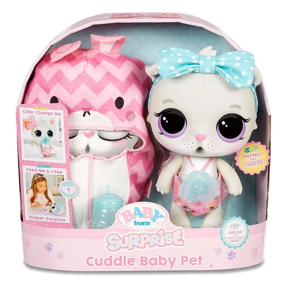 Animal BABY born Surprise Cuddle Baby Pet : le chaton boit et fait réellement pipi