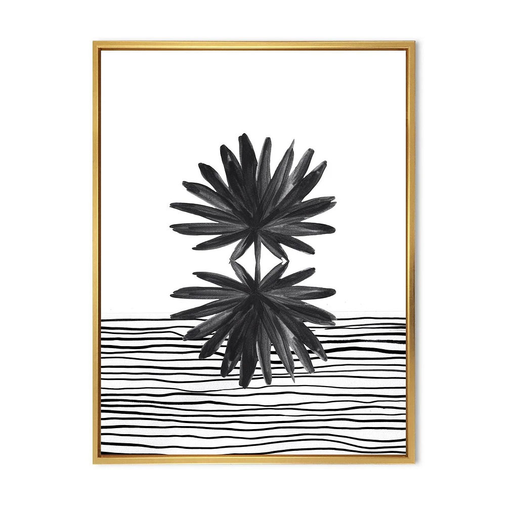 Designart Feuille tropicale noire et blanche sur rayures II ART MURAL À CADRE FLOTTÉ