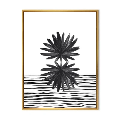 Designart Feuille tropicale noire et blanche sur rayures II ART MURAL À CADRE FLOTTÉ