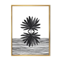 Designart Feuille tropicale noire et blanche sur rayures II ART MURAL À CADRE FLOTTÉ