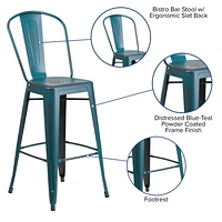 Tabouret de bar en métal vieilli bleu-sarcelle Kelly de 30 pouces de hauteur pour l'intérieur et l'extérieur avec dossier