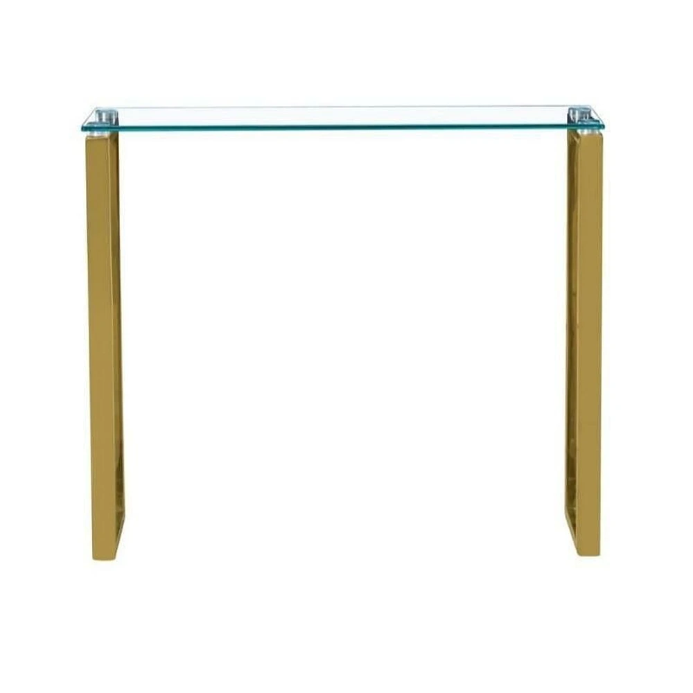 Table console Gyna de taille moyenne 8x36 avec plateau en verre et pieds dorés brillants pour entrée, couloir ou espaces de vie
