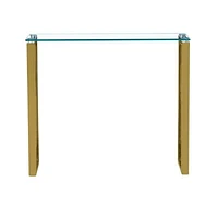 Table console Gyna de taille moyenne 8x36 avec plateau en verre et pieds dorés brillants pour entrée, couloir ou espaces de vie