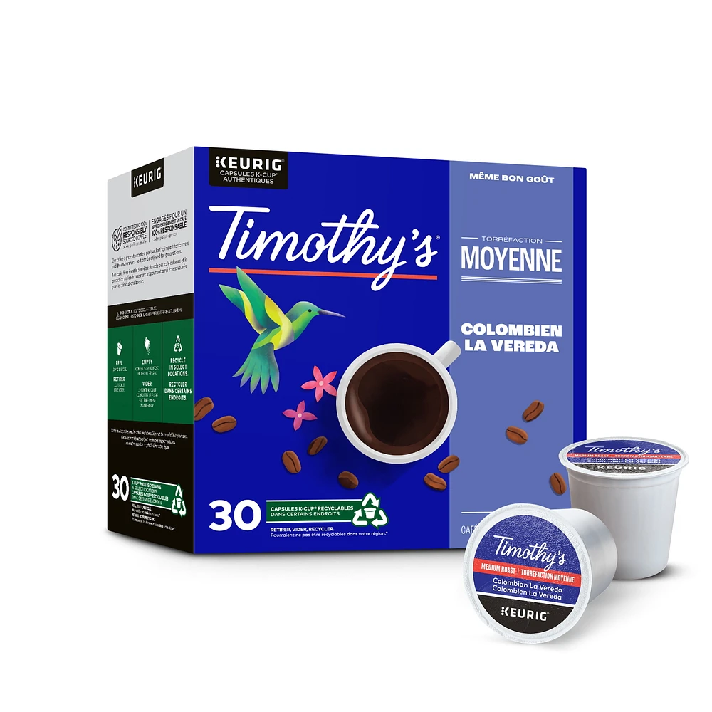 Timothy’s Colombian La Vereda, Medium Roast, K-Cup Coffee Pods, 30 count