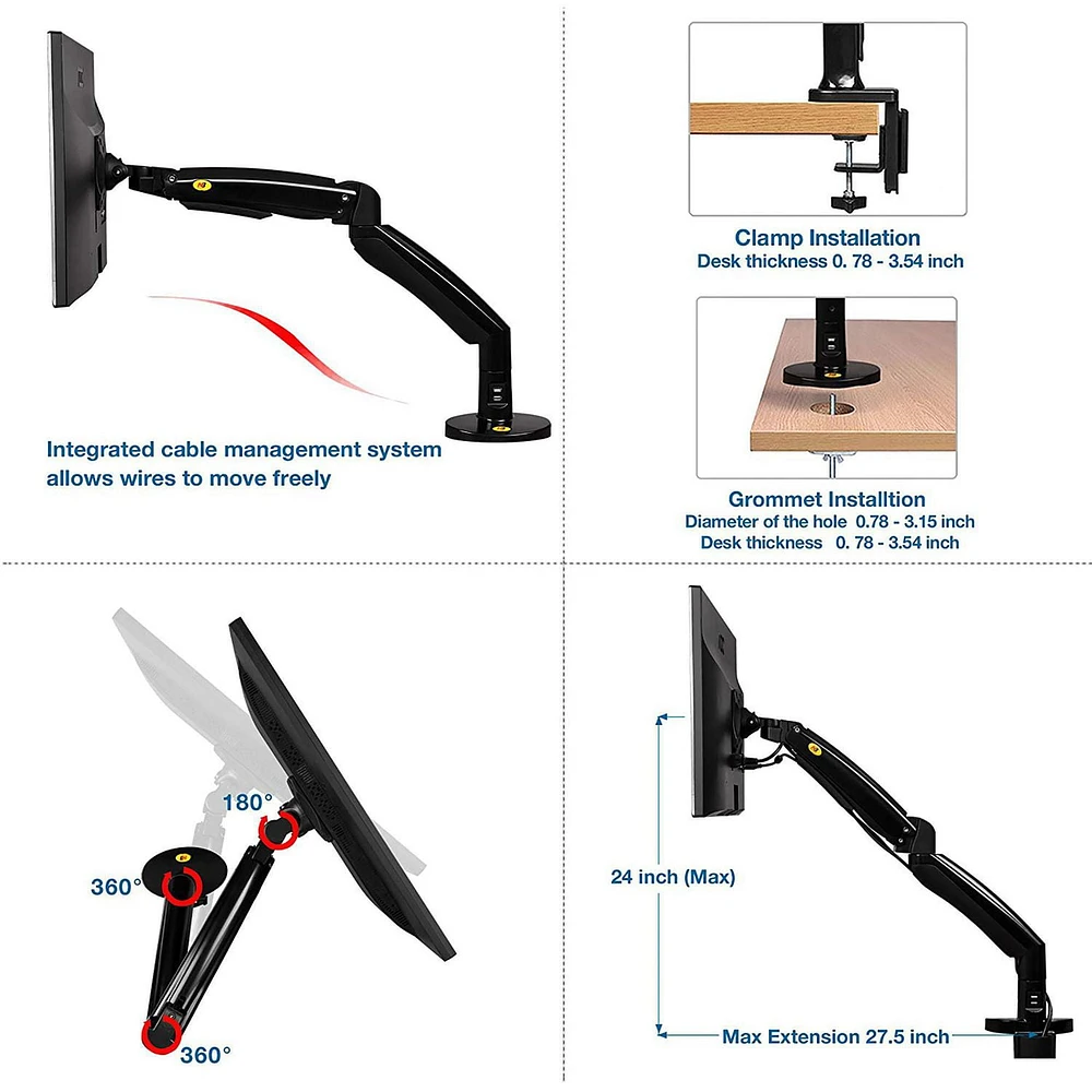 North Bayou 22"-35" Gas Strut Monitor Desktop Mount with USB Port - F100A