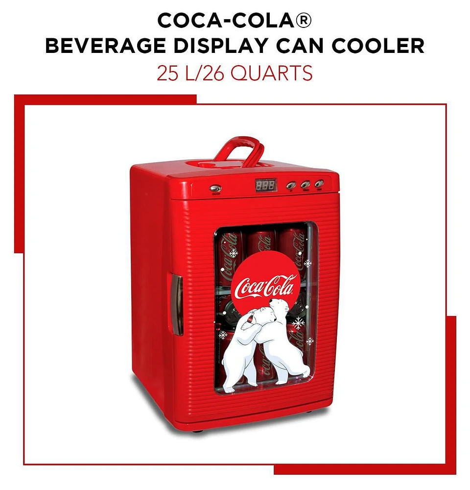 Coca-Cola 25L Mini Fridge, Portable 28 Can Cooler, Display Window for Travel, Home, Office- Red
