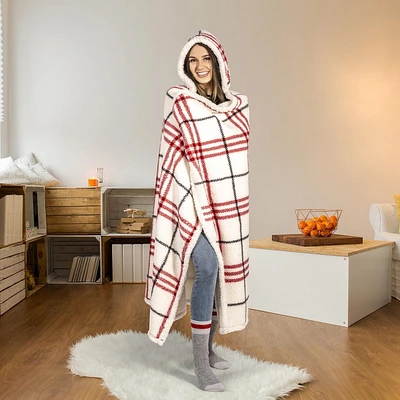 Safdie & Co. Premium Ultra Soft Hoodzy Hooded Throw Blanket with Sherpa Red Plaid