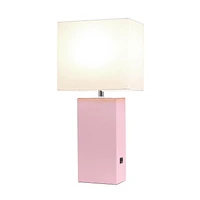 Lampe de table design moderne en cuir élégant avec abat-jour USB et tissu blanc