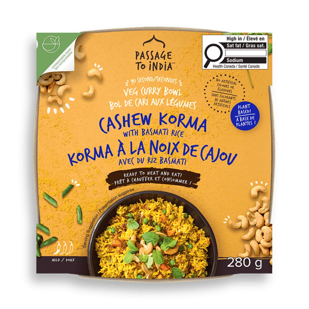 Passage to India - Bol de curry de légumes Korma aux noix de cajou (280g) Délicieusement rapide: un curry indien authentique végétarien en 90 secondes