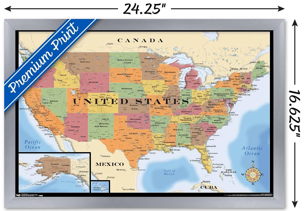 Map - USA Wall Poster, 22.375" x 34" Framed