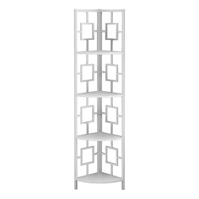 Monarch Specialties Bookshelf, Bookcase, Etagere, Corner, 4 Tier, 62"h, Office, Bedroom, Metal, Laminate, White, Contemporary, Modern