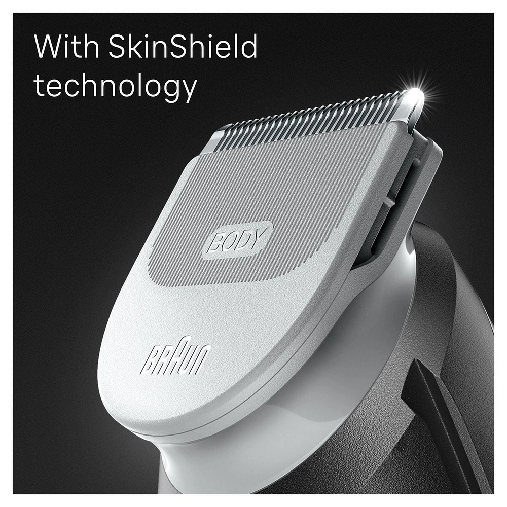 Tond. pr le corps Braun BG5340, pr hommes, poitrine, aisselles, aine et plus, incl. 2 peignes de 1-11 mm, techn. SkinShield pr util. en douceur, étanche, 100 min