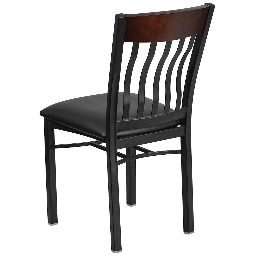 Lot de 2 pièces - Chaise de restaurant de la série Eclipse en métal noir et bois de noyer avec dossier vertical et siège en vinyle noir
